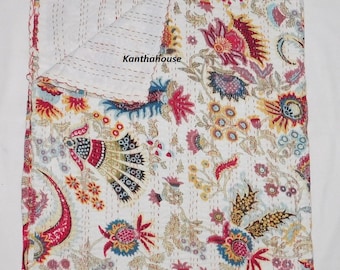 Edredón Kantha indio hecho a mano: cubrecama de algodón floral