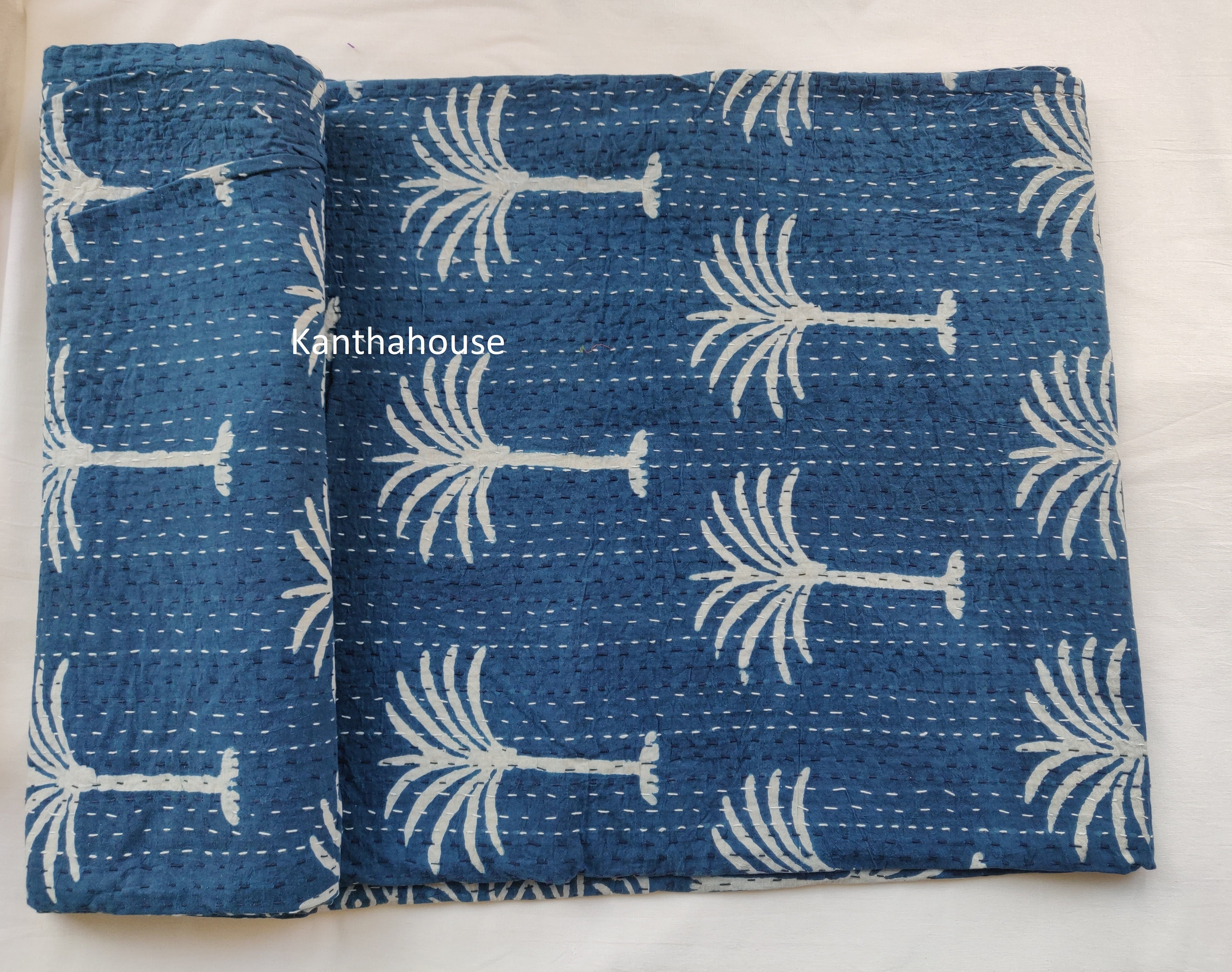 Indian Kantha Quilt Palm Tree Kantha Quilt Indigo Palm Tree Etsy