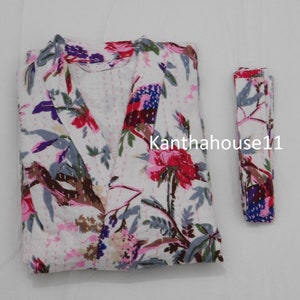 Vestaglia Kantha in cotone con stampa di uccelli, kimono indiano, fatto a mano immagine 1