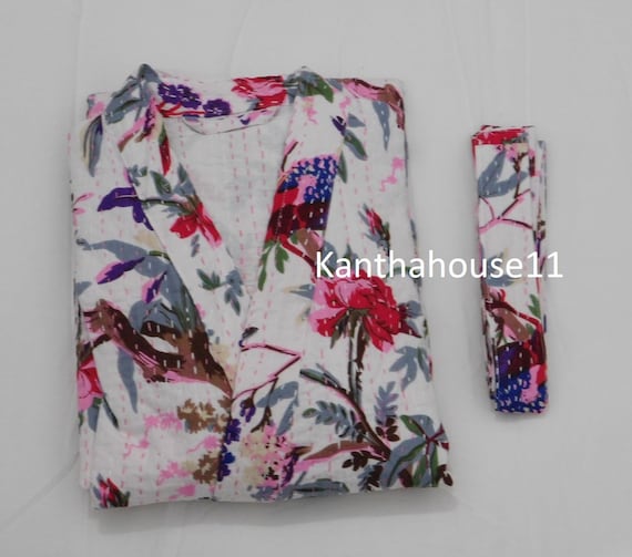 Bird Print Cotton Kantha Robe, Indian Kimono, Handmade