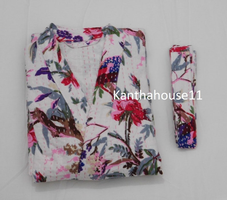 Vestaglia Kantha in cotone con stampa di uccelli, kimono indiano, fatto a mano immagine 1