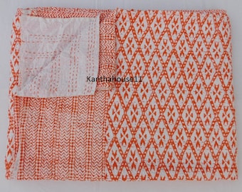 Hand Block Cotton Kantha Quilt, Reversible Indian Bedspread, Queen/Twin