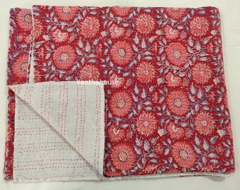 Floral Print Indian Kantha Quilt, Lightweight Cotton Bedspread