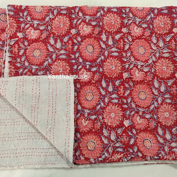 New Floral Print Indian Kantha Quilt Kantha Bed cover Kantha Blanket Indian Kantha , Throw Gudari Cotton