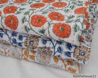 Floral Indian Kantha Quilt, Handblock Cotton Bedspread