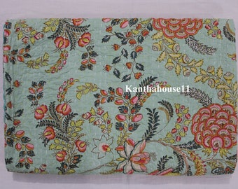 Handmade Floral Kantha Quilt: Indian Cotton Bedspread Throw