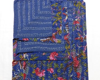 Handmade Bird Print Kantha Quilt - Lightweight Cotton Bedspread