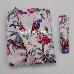 Vestaglia Kantha in cotone con stampa di uccelli, kimono indiano, fatto a mano immagine 4