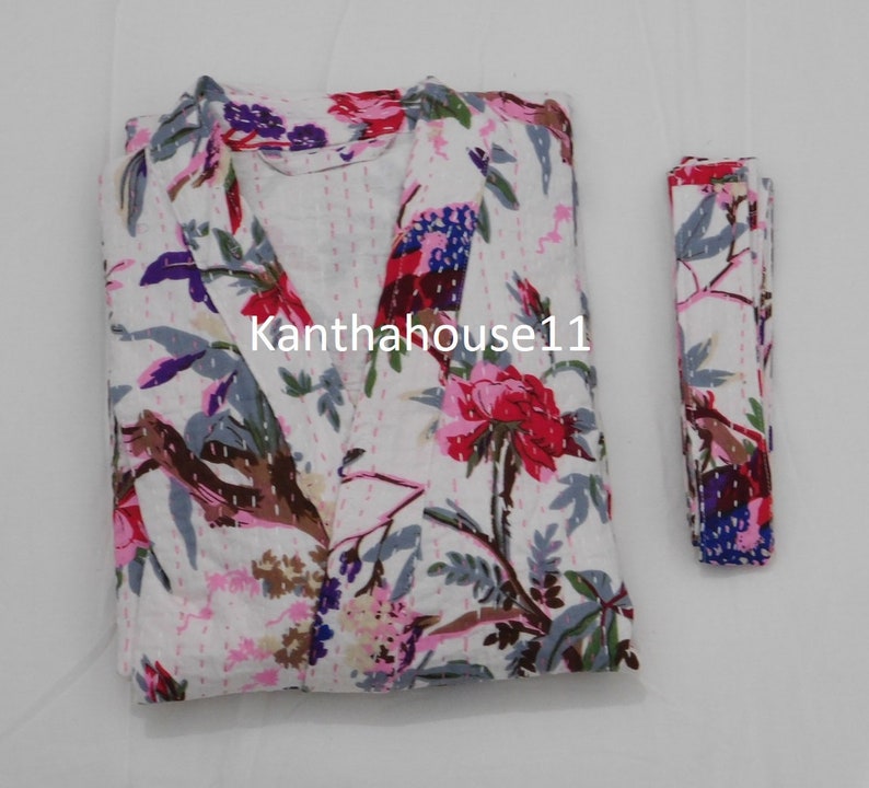 Vestaglia Kantha in cotone con stampa di uccelli, kimono indiano, fatto a mano immagine 4