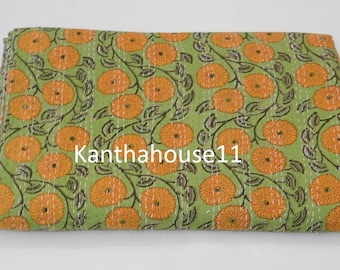 Vintage Floral Kantha Quilt: Handmade Indian Cotton Bedspread