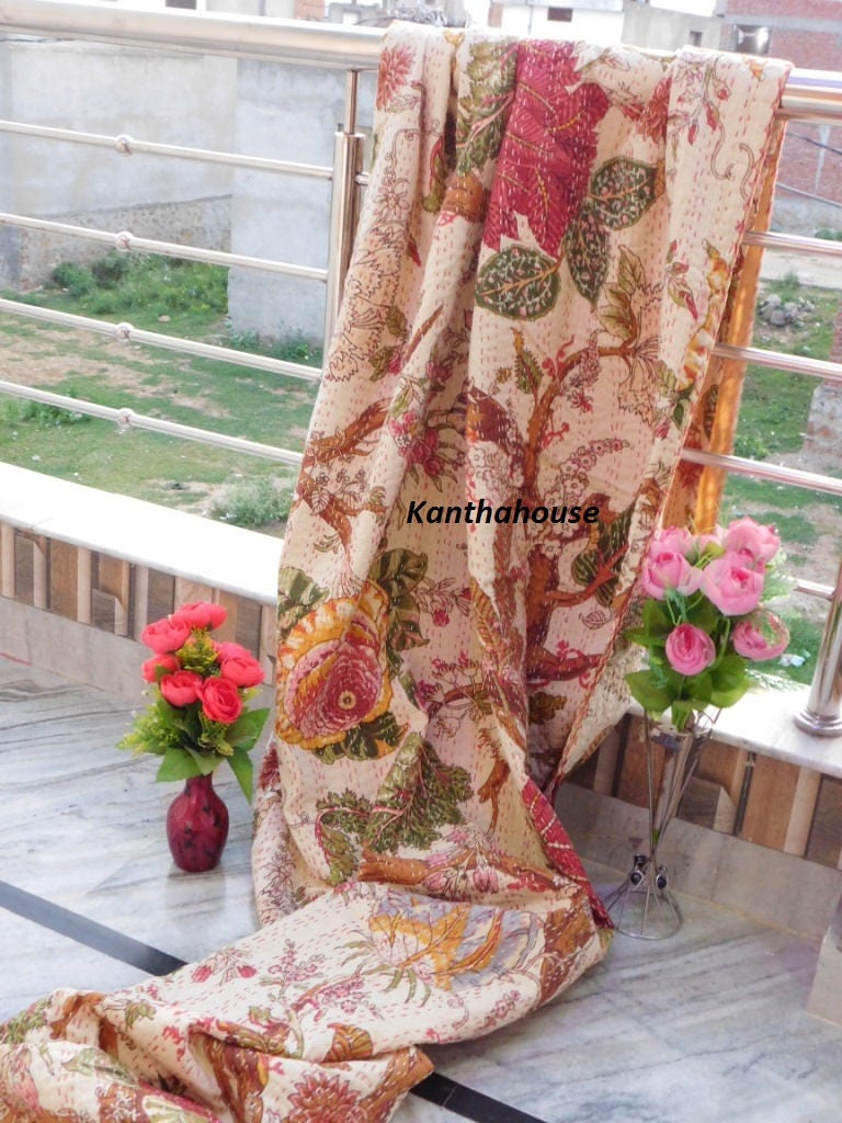 thumbnail interactive-video image 1 of Handmade Indian Kantha Quilt - Twin Size Cotton Throw Blanket Vintage Floral Bedspread 1 of 6