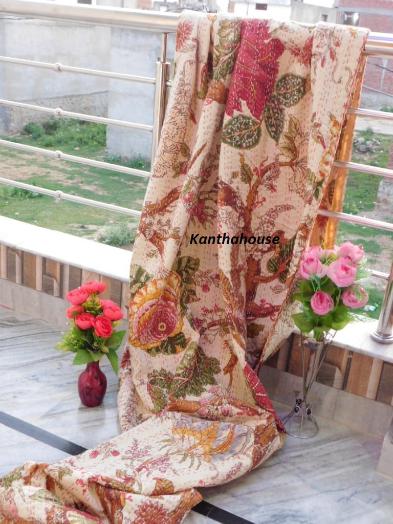Handmade Indian Kantha Quilt - Twin Size Cotton Throw Blanket Vintage Floral Bedspread