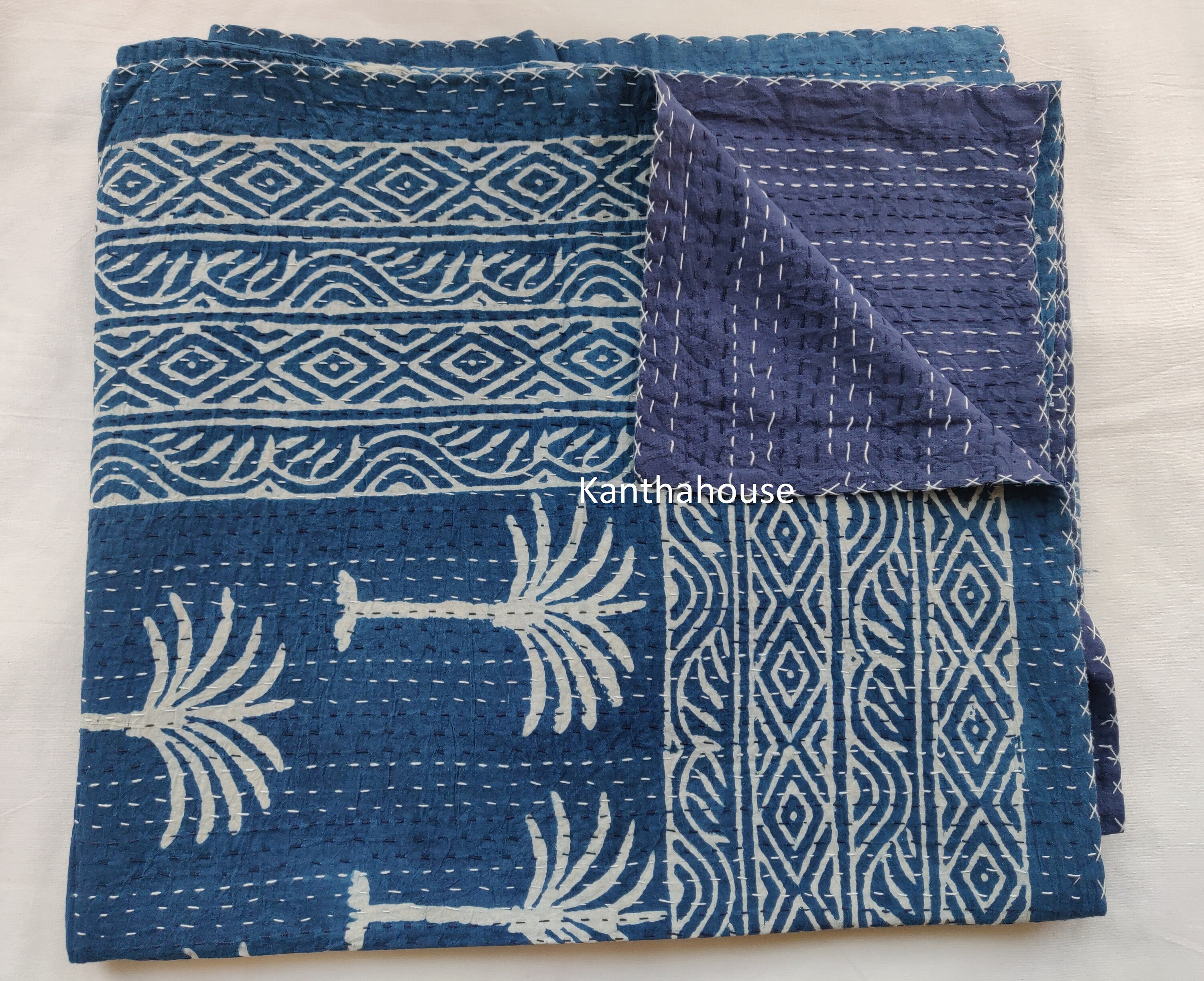 Indian Kantha Quilt Palm Tree Kantha Quilt Indigo Palm Tree Etsy