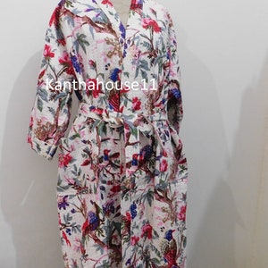 Vestaglia Kantha in cotone con stampa di uccelli, kimono indiano, fatto a mano immagine 3