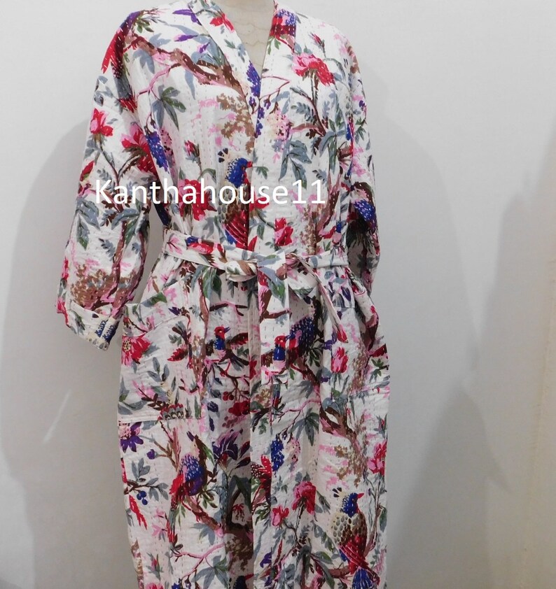 Vestaglia Kantha in cotone con stampa di uccelli, kimono indiano, fatto a mano immagine 3