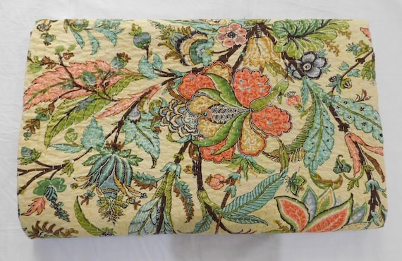 Floral Indian Kantha Quilt: Lightweight Cotton Bedspread, Twin or Queen