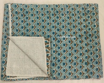 Floral Butti Print Kantha Quilt, Lightweight Cotton Bedspread