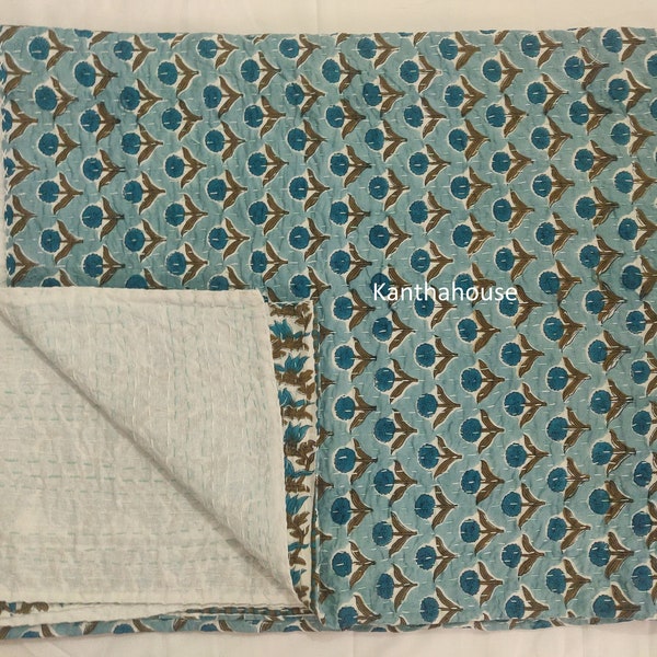 New Indian Kantha Quilt Floral Butti Print Kantha Bed cover Kantha Blanket Indian Kantha , Throw Gudari Cotton