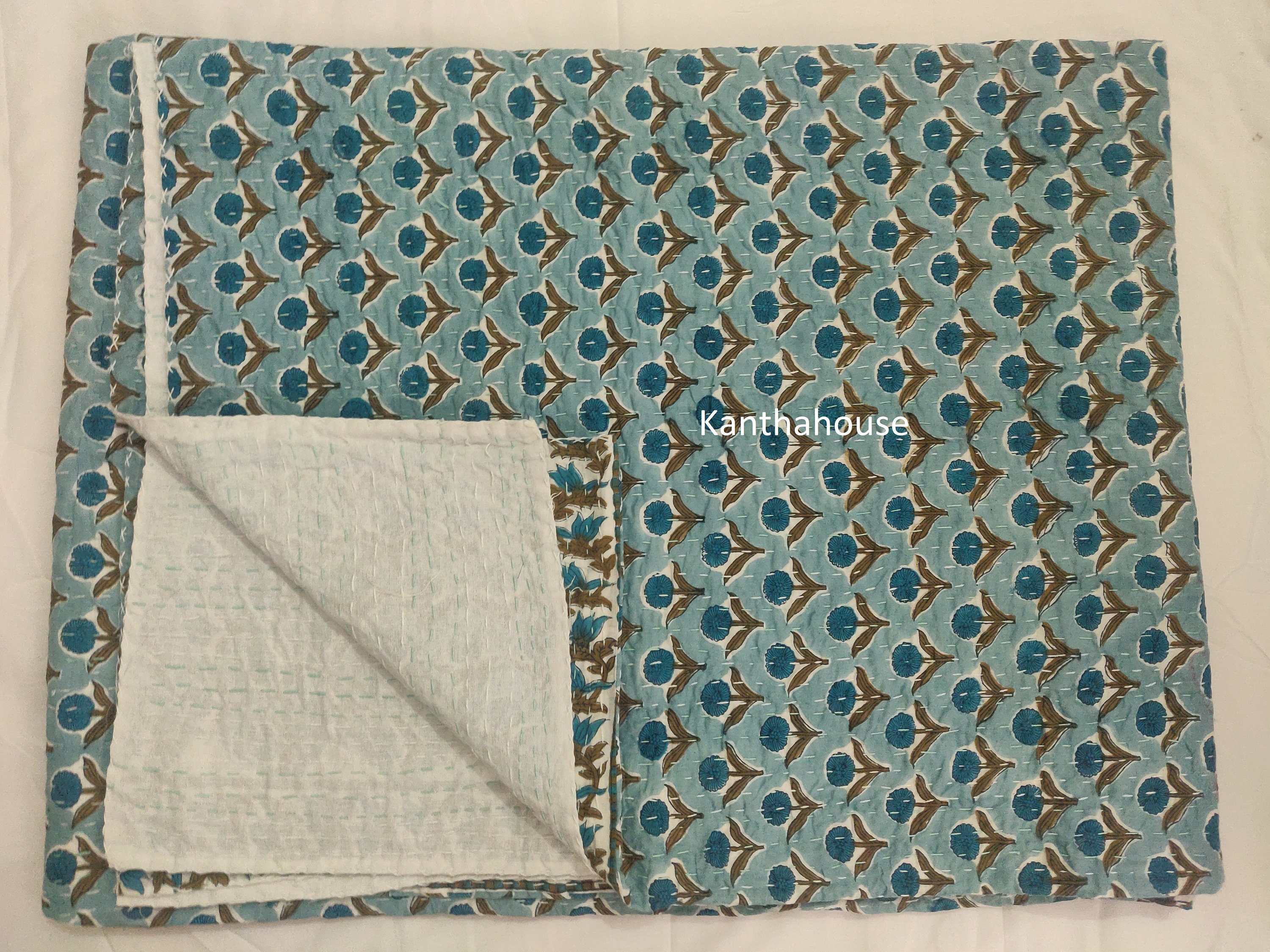 New Indian Kantha Quilt Floral Butti Print Kantha Bed Cover - Etsy ...