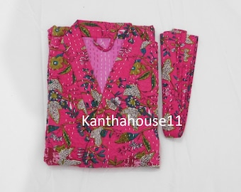 Kimono in cotone con stampa Paradise Kantha Stitch, fatto a mano