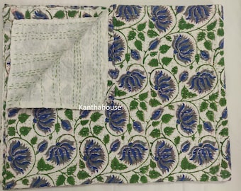 Handmade Block Printed Floral Cotton Kantha Throw Twin and Queen Size Bedspread