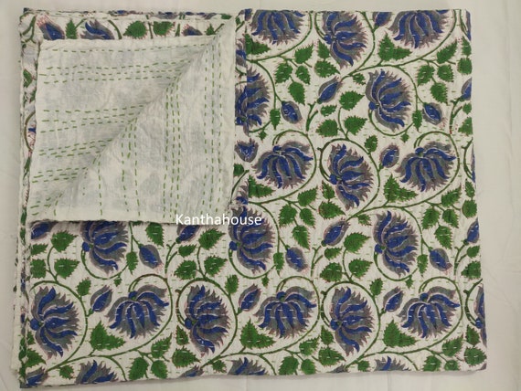 Handmade Block Printed Floral Cotton Kantha Throw Twin and Queen Size Bedspread