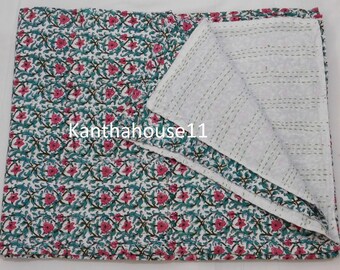 Hand Block Cotton Kantha Quilt: Indian Bedspread Throw, Queen/Twin