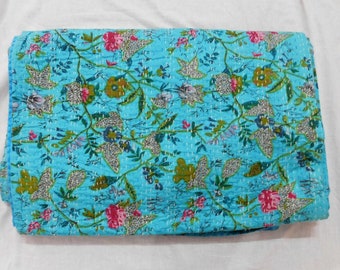 Floral Kantha Quilt, Handmade Cotton Bedspread, Twin/Queen Size