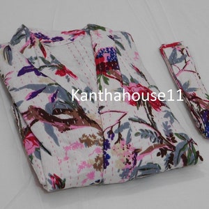 Vestaglia Kantha in cotone con stampa di uccelli, kimono indiano, fatto a mano immagine 5