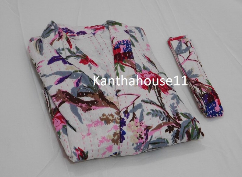 Vestaglia Kantha in cotone con stampa di uccelli, kimono indiano, fatto a mano immagine 5