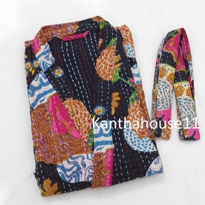 Tropical Black Bath Robe,100% Cotton Indian Kimono Handmade Kantha Stitch Robe Cotton Kimono Bath Robe Swim Wear Night Wear Free Size.