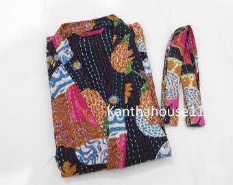 Vestaglia Kantha in cotone con stampa tropicale, kimono fatto a mano, copricostume