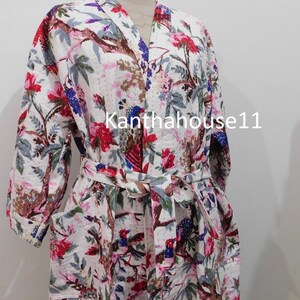 Vestaglia Kantha in cotone con stampa di uccelli, kimono indiano, fatto a mano immagine 2