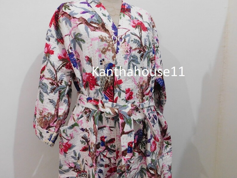 Vestaglia Kantha in cotone con stampa di uccelli, kimono indiano, fatto a mano immagine 2