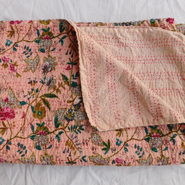 Indian Kantha Quilt Handmade Kantha Bedcover Throw Cotton Blanket Gudari Twin , Queen Kantha Quilt