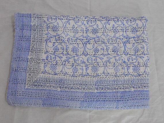 Handmade Cotton Kantha Bedspread Indian Throw Hand block Bedcover
