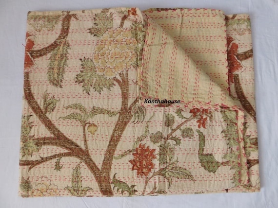 Handmade Tree Print Kantha Bedspread Throw Lightweight Cotton Bedspread
