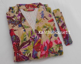 Kimono in cotone fatto a mano con punto Kantha, stampa floreale