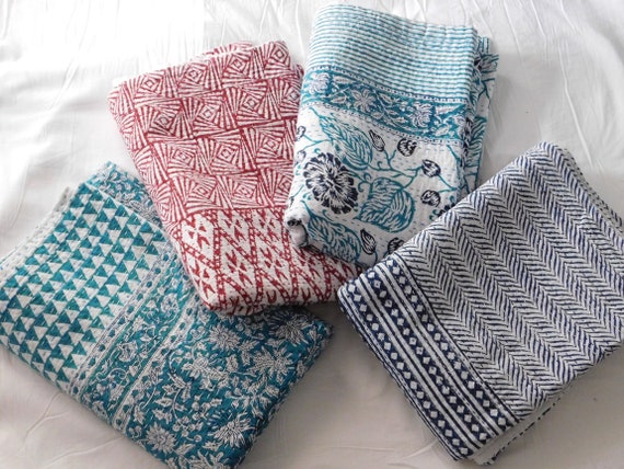 Hand Block Printed Floral Design Kantha Quilt Indian Cotton Kantha Bedspread Handmade Kantha Coverlet King Size Kantha Throw Blanket 172