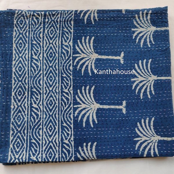 Indian Kantha Quilt Palm Tree Kantha Quilt Indigo Palm Tree Kantha Quilt Kantha Bedcover Throw Cotton Blanket Queen And Twin Size Kantha
