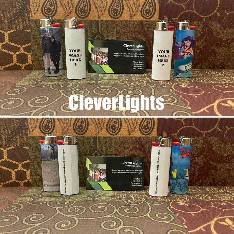 May include: A collection of customized lighters with various designs. Some lighters feature personal photos, while others showcase cartoon characters. The brand name "CleverLights" is displayed prominently, along with a business card.