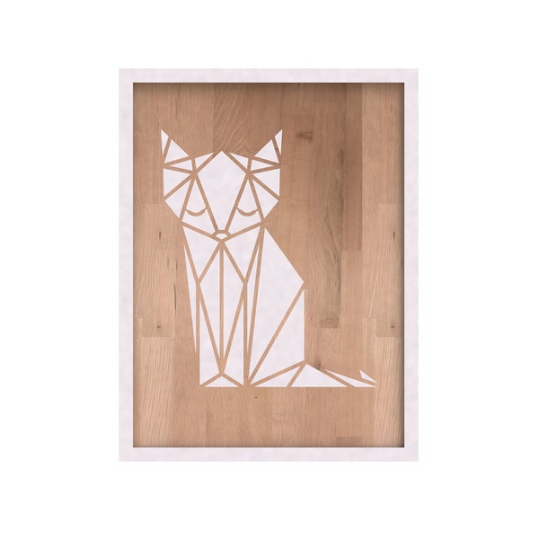 Tableau animal géométrique origami, peinture bois, décoration murale, tableau chat, bois brut