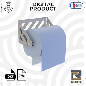 Pode incluir: Um suporte de papel toalha em aço inoxidável com um rolo de papel azul claro. O suporte é montado na parede e tem um design geométrico. As palavras "DIGITAL PRODUCT" estão no topo. A imagem também inclui o texto "DXF" e "DWG".