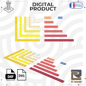 Peut inclure: Image d'un produit numérique présentant diverses pièces de construction en bois de couleurs jaune, beige et rouge. Les pièces comprennent des éléments en forme de L et droits avec des trous pré-percés. L'image affiche également les icônes de fichiers DXF et DWG, ainsi que le texte "DIGITAL PRODUCT".