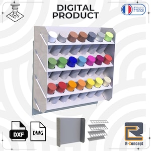 May include: A white, multi-tiered paint storage rack with angled slots, holding various colored paint bottles. The image includes the text "DIGITAL PRODUCT" and file type icons. The rack is labeled "Made in France".
