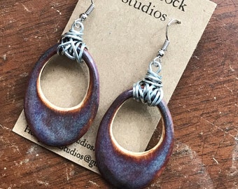 Purple Earrings ( Ceramic with wire wrap detail ) | Handmade Pottery