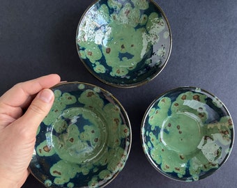 Set of 3 "Olive Spotted" Prep / Snacking Bowls | Handmade Pottery