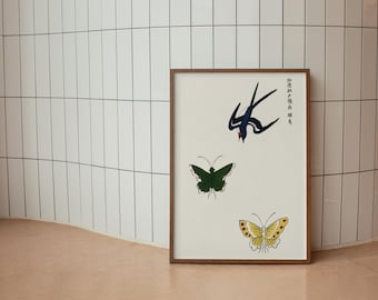 Japanskt träsnitt: Wabi-Sabi-konst med fåglar och fjärilar (digital nedladdning)