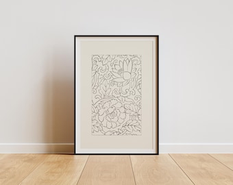 Träsnitt med blommor av Taguchi Tomoki: Vintage japansk minimalistisk väggkonst (digital nedladdning)