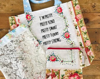 SOLD - I’m Pretty  | Handmade Bag | Reusable Market Tote | Vintage Floral | Sustainably Made | Upcycled | One of a Kind |